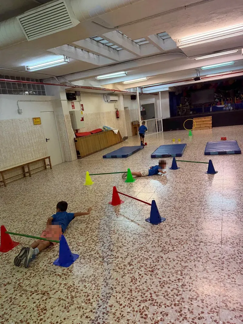 Gimnasio del colegio, con el suelo de parqué y las espalderas en la pared